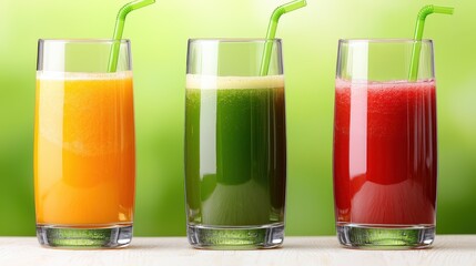 Fototapeta premium Refreshing Bright Colorful Fruit and Vegetable Juices Served in Clear Glasses with Straws on Green Background