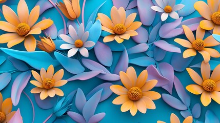 Colorful Floral Design with Paper Flowers and Leaves on Blue Background