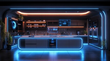 Obraz premium Modern Kitchen Decorated with Vibrant Neon Lighting Illuminating the Sleek Countertop and Stylish Sink Creating an Inviting Atmosphere for Culinary Creativity and Contemporary Living