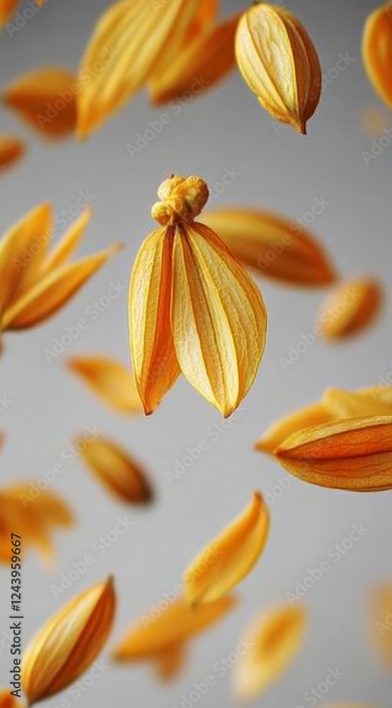 Poster golden seeds and petals float against a neutral gray backdrop, creating an elegant and serene image.