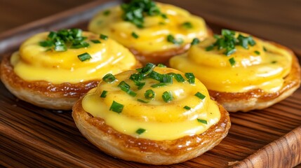 Four golden yellow swirls of creamy sauce atop four golden brown pastry rounds, garnished with finely chopped green herbs, presented on a dark brown
