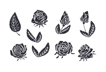 Hand drawn rose flowers and leaves black silhouettes set isolated on white background. Minimalist blooms monochrome design.