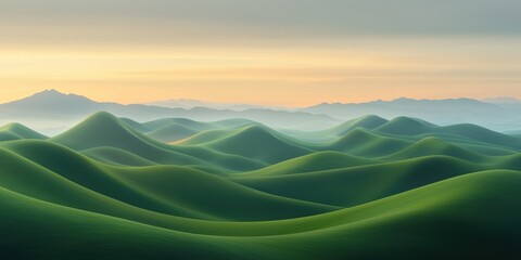 Fototapeta premium Serene landscape of rolling green hills at sunrise nature tranquil environment wide view