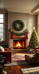 Warm and inviting living room with a crackling fireplace and a Christmas tree nearby, christmas tree, festive atmosphere