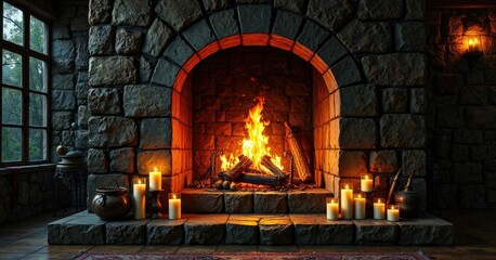 Warm and inviting glow of a crackling fire in a large stone fireplace with candles, cozy ambiance, comforting fire, peaceful scene