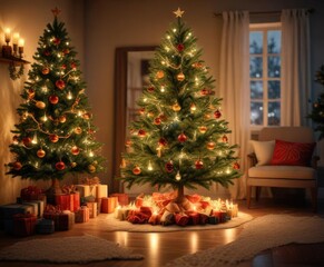 Warm candlelight illuminates a beautifully decorated Christmas tree, candles, warm light, cozy winter scene