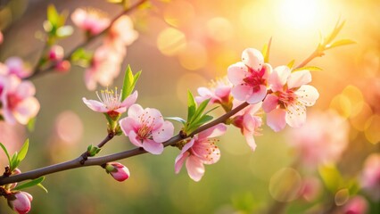 Delicate Pink Blossoms Illuminated by Warm Sunlight on a Branch