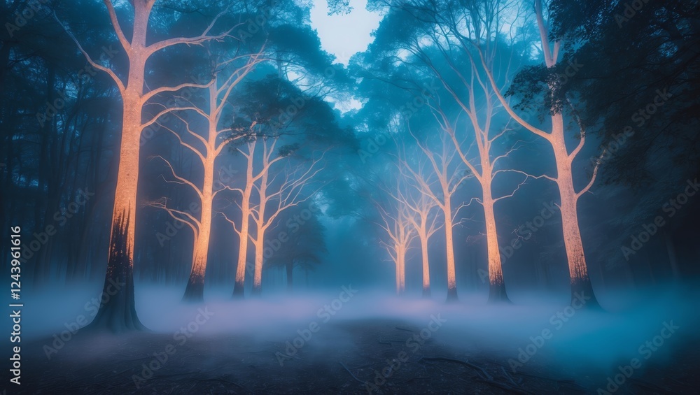 Poster ethereal forest pathway illuminated by glowing trees and enveloped in mist during twilight hours