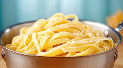 Freshly Cooked Fettuccine Pasta with Grated Cheese in a Stainless Steel Pot Against a Soft Blue Background