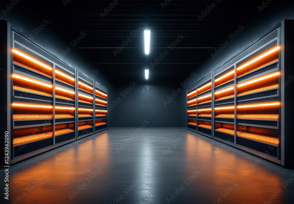 Poster dark server room with rows of illuminated servers, reflecting on polished floor. modern data center 