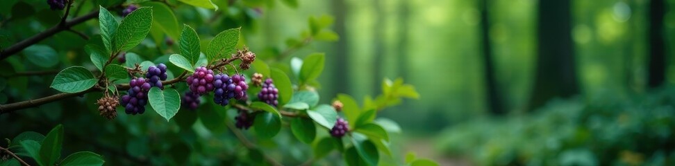 dense green leaves and purple berries on a mature bush in the forest, plant growth, woodland