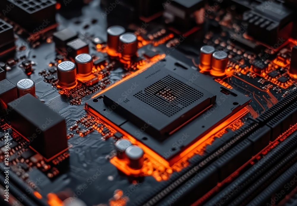Poster close up view of a computer motherboard with a central processing unit, showcasing intricate circuit