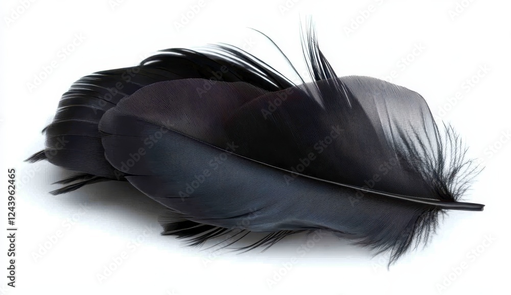 Poster two dark gray feathers with intricate patterns, arranged on a white background. detailed texture and