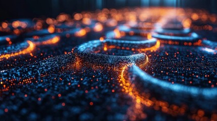 Abstract close-up of glowing blue and orange patterns on a textured surface, creating a vibrant digital atmosphere