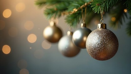 Glittering silver and gold metallic ornaments suspended from a curved garland, metal, decoration, festive