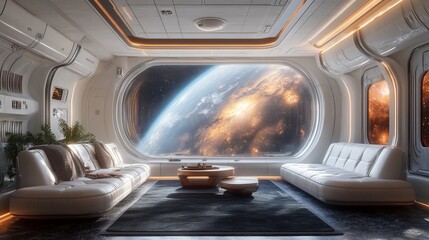 Fototapeta premium Cozy Living Room with Expansive Panoramic View of Earth Visible from Large Windows Bathed in Natural Light Creating a Warm Inviting Atmosphere Perfect for Relaxation and Gathering