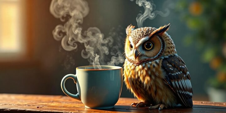 Whiskered Owl sipping coffee from a steaming mug, woodland scene, cup of joe