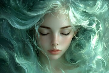 Fototapeta premium Abstract portrait of a serene woman with flowing hair that transforms into swirling patterns representing thoughts and emotions