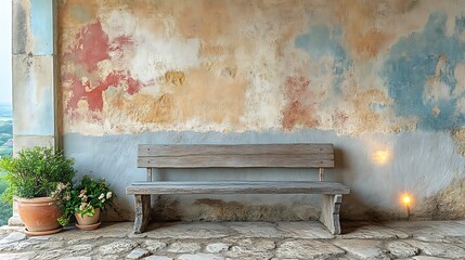 Rustic Wooden Bench Against Textured Wall