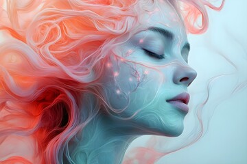 Abstract portrait of a serene woman with flowing hair that transforms into swirling patterns representing thoughts and emotions