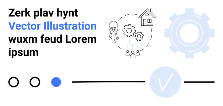 Business team represented by icons of people, gears, and a home. Main theme includes strategic planning, collaboration. Ideal for business presentations, website banners, educational material