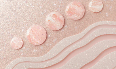 Fototapeta premium Shimmering pastel pink glitter design with marbled circles and wavy lines creates dreamy and elegant abstract background