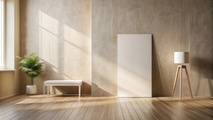 Modern minimalist interior design with blank canvas, wooden floor, and simple furnishings