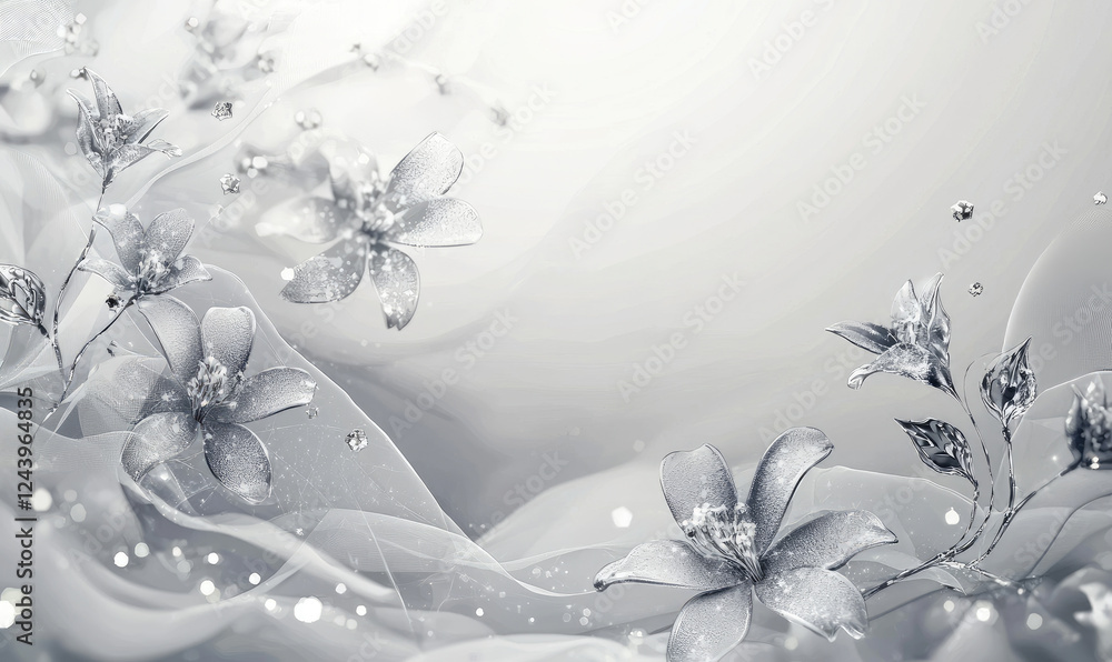 Poster shimmering silver flowers and delicate elements on light gray abstract background create ethereal an