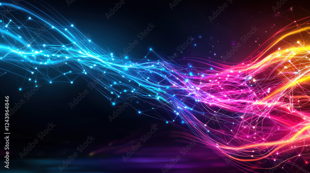 Poster dynamic abstract technology scene with colorful light trails and glowing particles