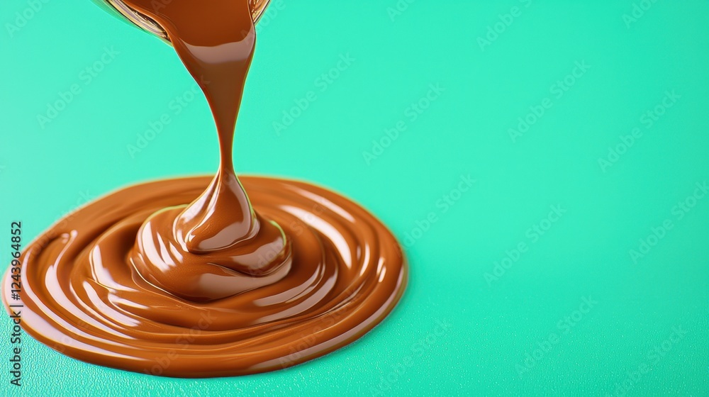 Aufkleber smooth brown liquid pouring from a container onto a bright teal surface creating a pool of glossy sa