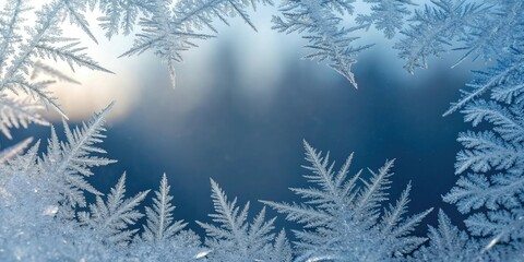 Obraz premium Intricate frosty pattern of ice crystals, layered frost, icy texture, icy frost, frosty atmosphere