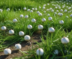 Wild onion bulbs scattered in a field of bright green grass, agriculture, growth, forage, bulbs