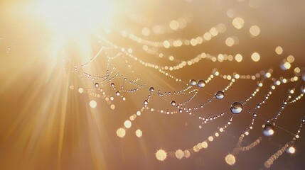 Fototapeta premium Dew-covered spiderweb under soft morning light