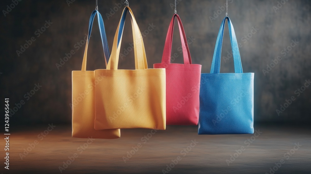 Poster three colorful bags hanging on a string against a neutral background in a bright setting
