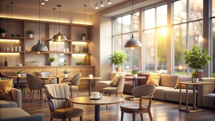 Cozy modern café interior with warm lighting and comfortable seating