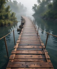 Fototapeta premium Wooden boardwalk suspended high above the murky waters, saltwater marsh, flooded landscape