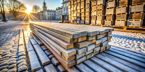 Frozen Lumber Stacked on a Cobblestone Street at Sunrise