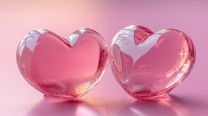 Fototapeta premium Two smooth pink heart-shaped objects positioned closely on a soft pink background