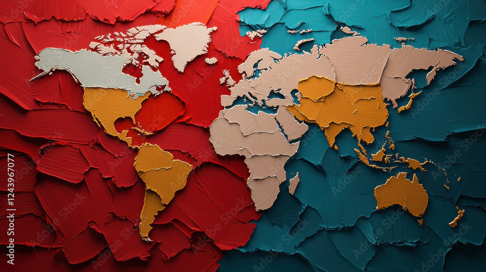Poster textured world map with vibrant colors representing global communication