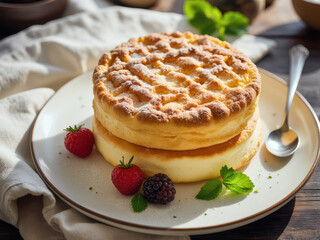 professional advertisement food photography: A stack of cheesecakes on a plate with berries on top.