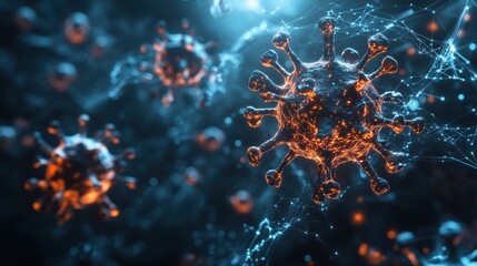 A close-up view of a virus, showcasing intricate details and structures, set against a dynamic blue background.