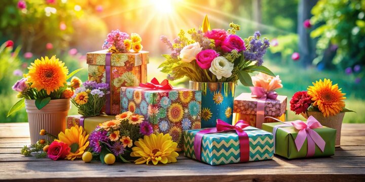 A delightful arrangement of colorful presents and vibrant flowers basking in the sunlight