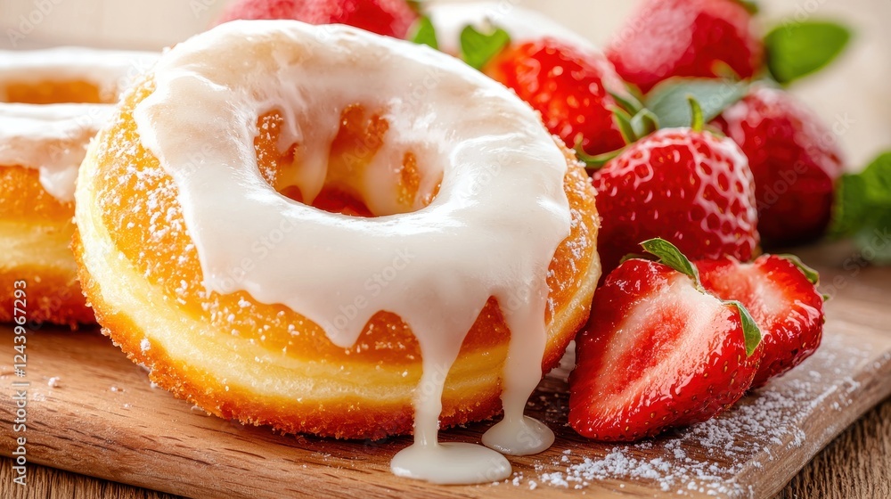 Aufkleber freshly glazed doughnut with strawberries on wooden table surrounded by sweetness and flavorful trea