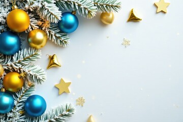 Yellow and blue balls scattered on a white Christmas tree background, festive, Christmas tree decoration