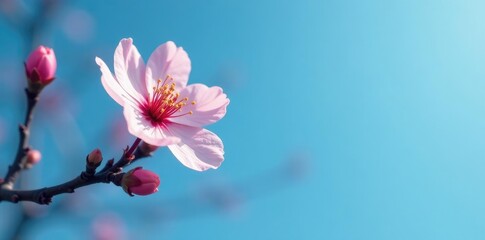 A single plum blossom against the vast blue expanse, isolated, plum blossom, stillness