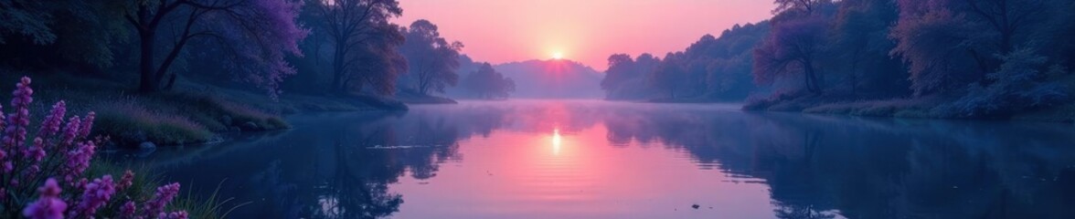 Obraz premium A tranquil pond reflects the hues of a soft aurora, soft hues, soft glow