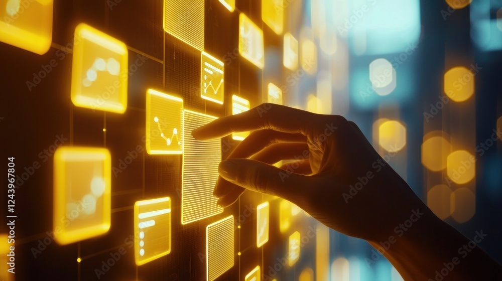 Poster digital interface: a hand interacts with glowing data