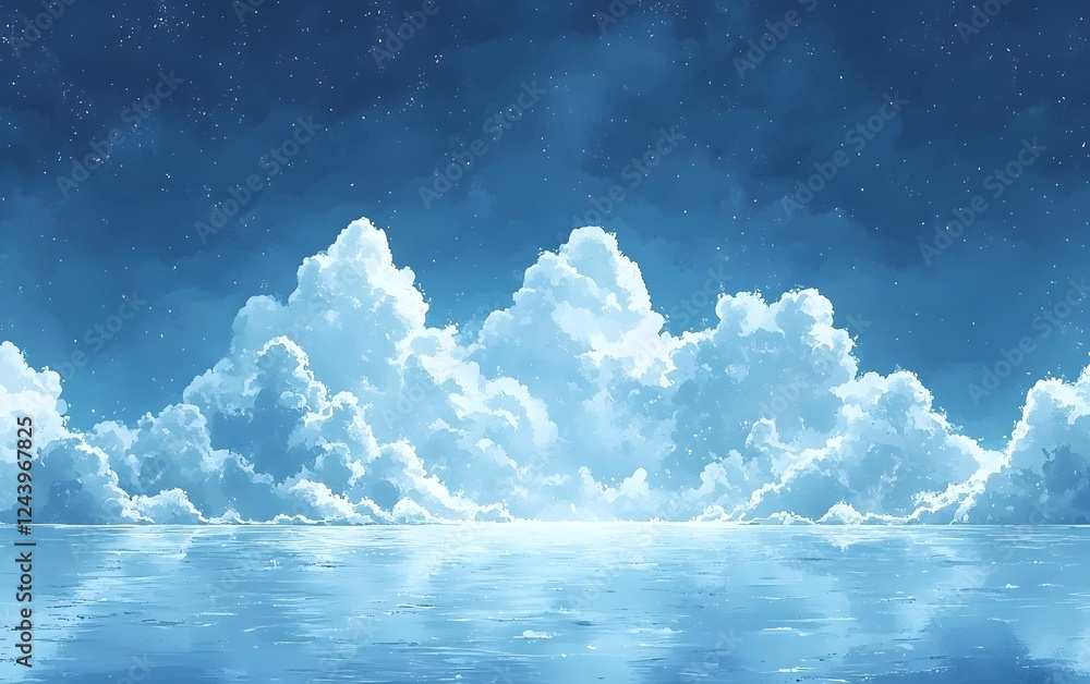 Poster a serene and tranquil scene depicting fluffy clouds illuminated by a soft light, reflected on a calm