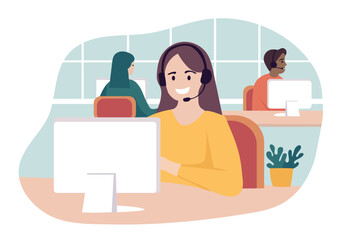 Call center, customer service team working in office. Smiling female operator with headset in the foreground, with diverse colleagues in the background. Vector illustration of work in call center.