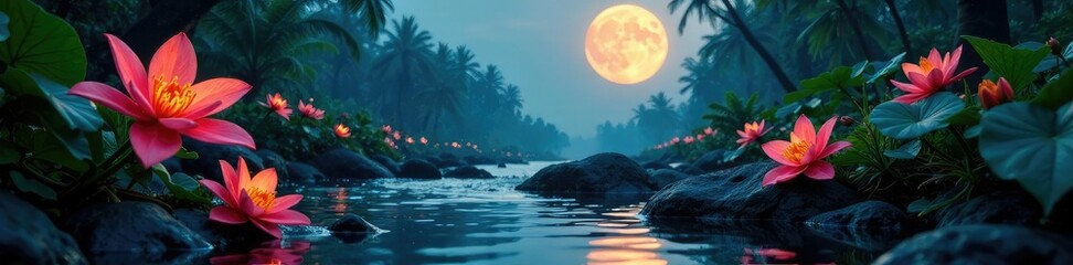 Shimmering water flow under a soft glow of the full moon illuminating tropical flowers, flowers, mystical, stream